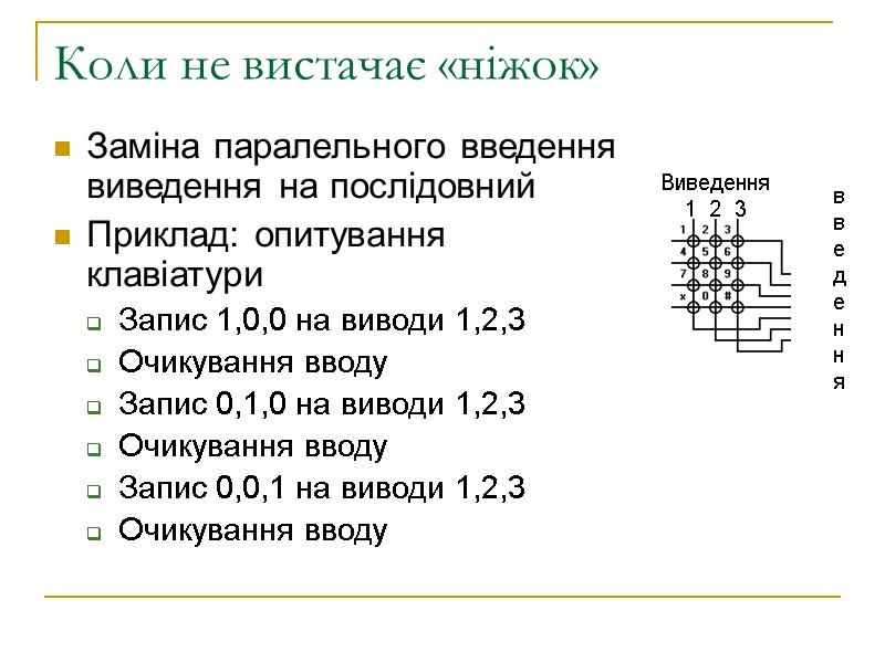 Коли не вистачає «ніжок» Заміна паралельного введення виведення на послідовний Приклад: опитування клавіатури Запис